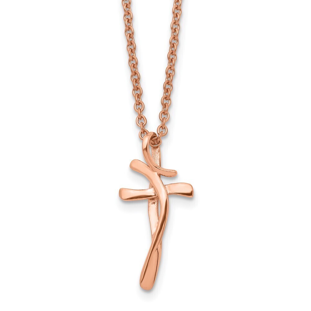 Steel Rose IP-plated Twisted Cross Pendant on an 18.25in Cable Chain Necklace